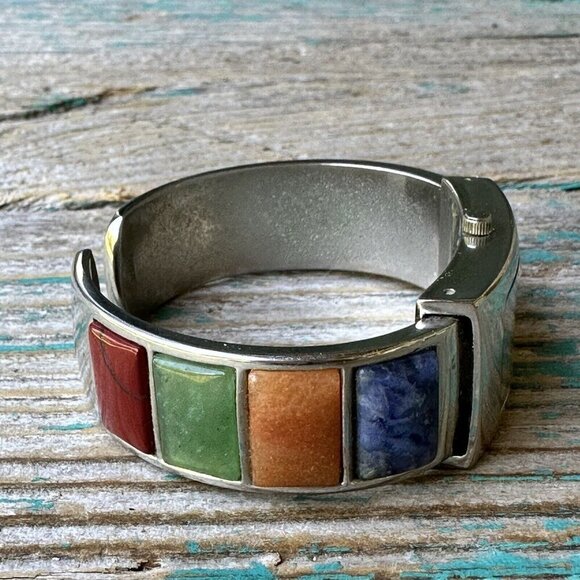 VTG Peck Peck Watch Cuff Bracelet‎ Natural Gemstone Cabochon Inlay Video 6.5 - Picture 5 of 9